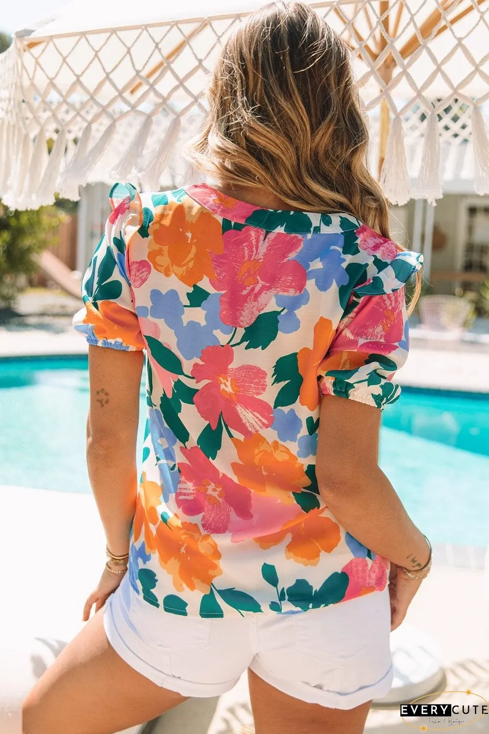 Floral Fantasy Puff Sleeve Blouse with Ruffle Detail