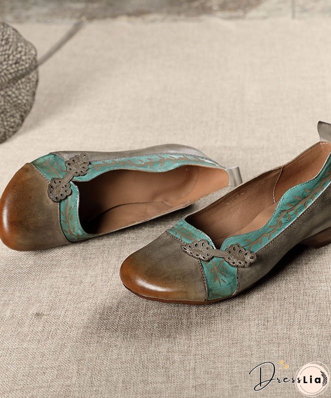 Grey Print Cowhide Leather Flat Shoes For Women Splicing Flats