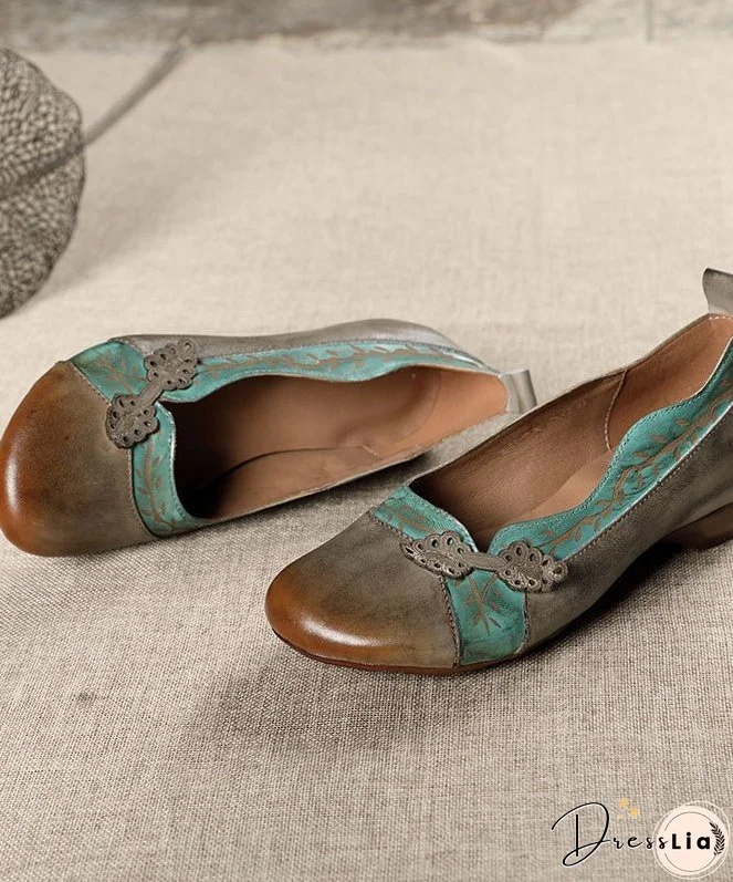 Grey Print Cowhide Leather Flat Shoes For Women Splicing Flats