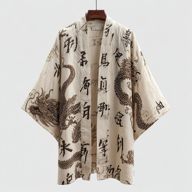 Men's Retro Calligraphy With Dragon Pattern Linen Blend Kimono  artssus
