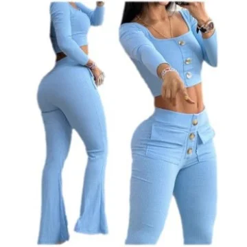 Uveng Uveng Summer 2024 Elegant U-Neck Button Nine-Point Sleeve Top With Waist Pocket Design Bell-Bottom Suit