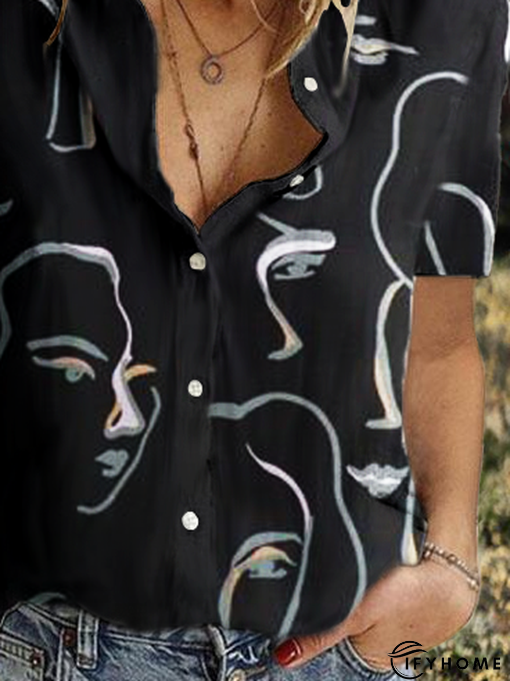 Abstract Shirt Collar Short Sleeve Casual Blouse | IFYHOME