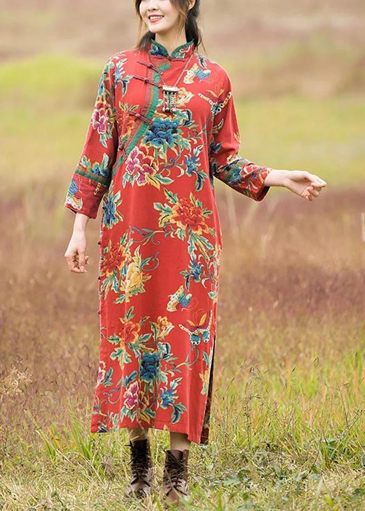 French Red Print Outfit Stand Collar Side Open Art Dress