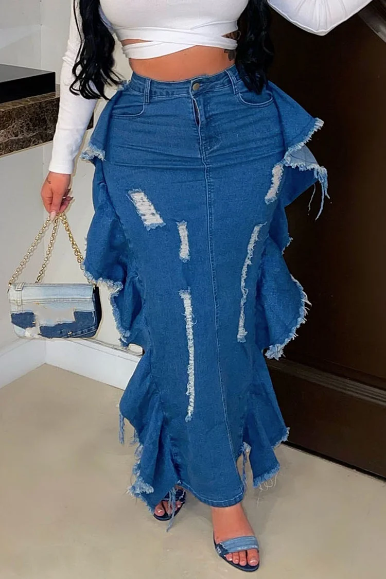 Scratch Frayed Denim Ruffle Slim-Fit Maxi Skirt-Blue [Pre Order]