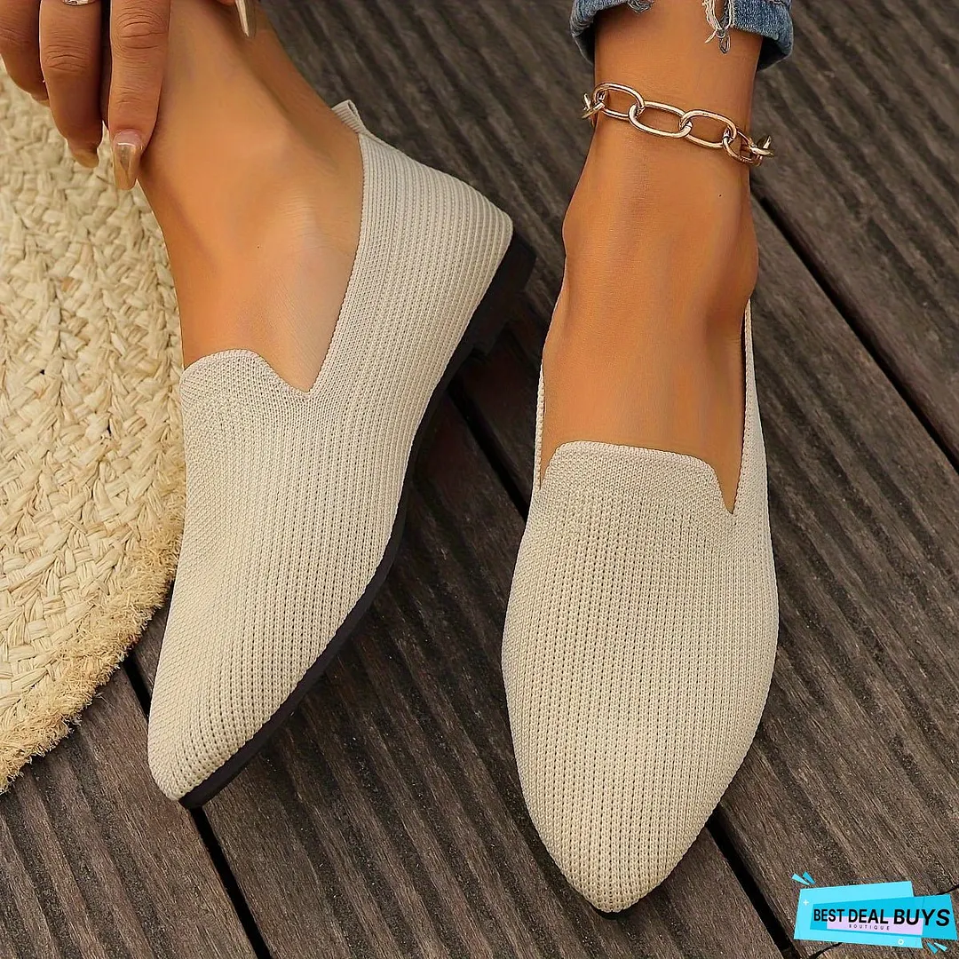 Cozy Womens Knitted Flat Shoes - Soft, Breathable, and Comfortable Slip-On Shoes with Pointed Toe, Rubber Sole, and Fabric Upper for Daily Wear