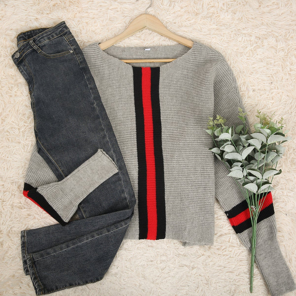 Boston Red Striped Gray Dolman Sweater