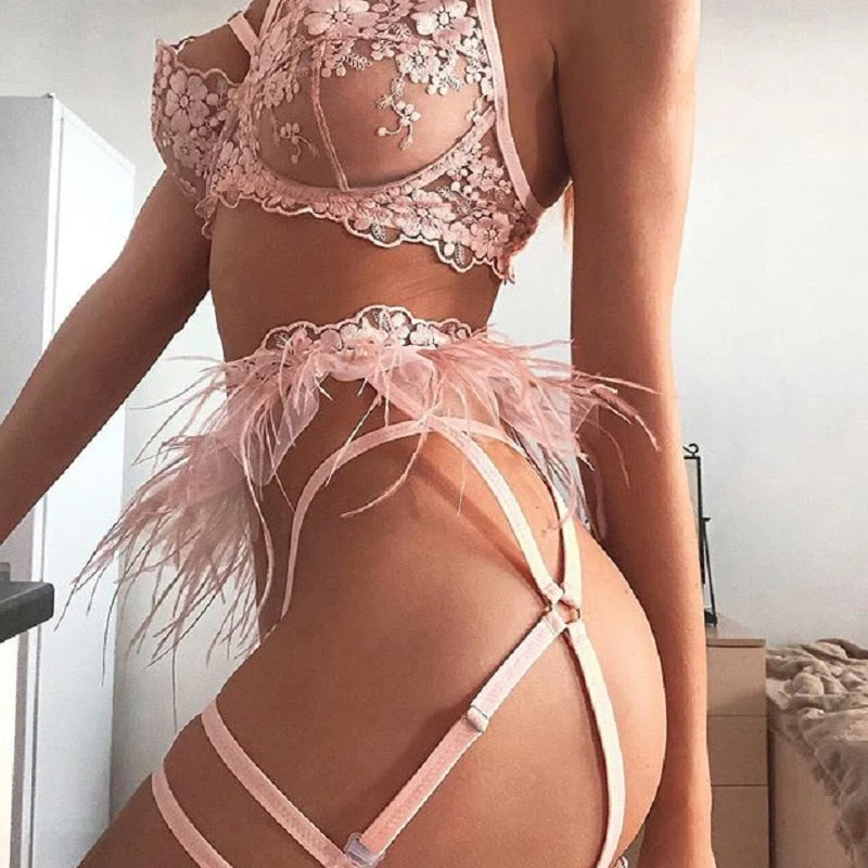 Ellolace Lace Embroidery Lingerie Set Feather Bra and Party Set Sexy Women's Underwear Bra See Through 3 Piece Bra Set String