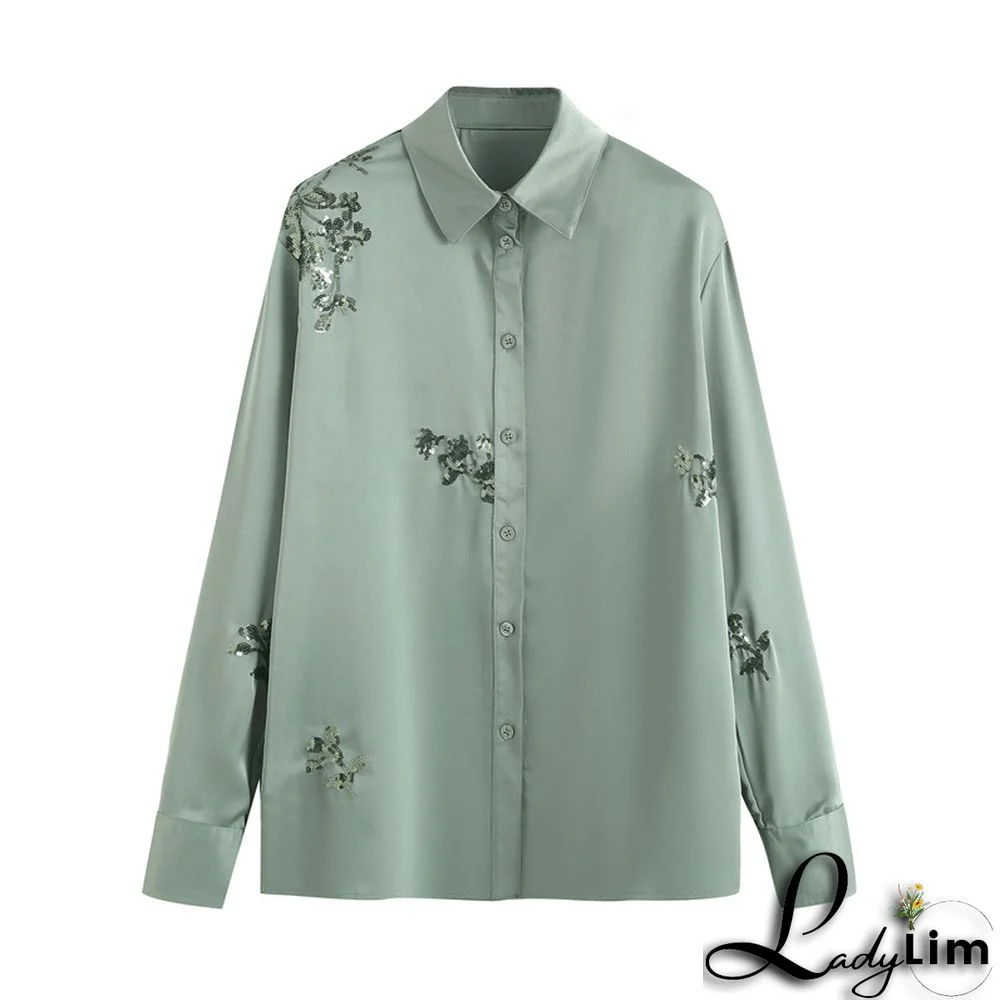 Green Sequin Casual Shirt and Pants Set