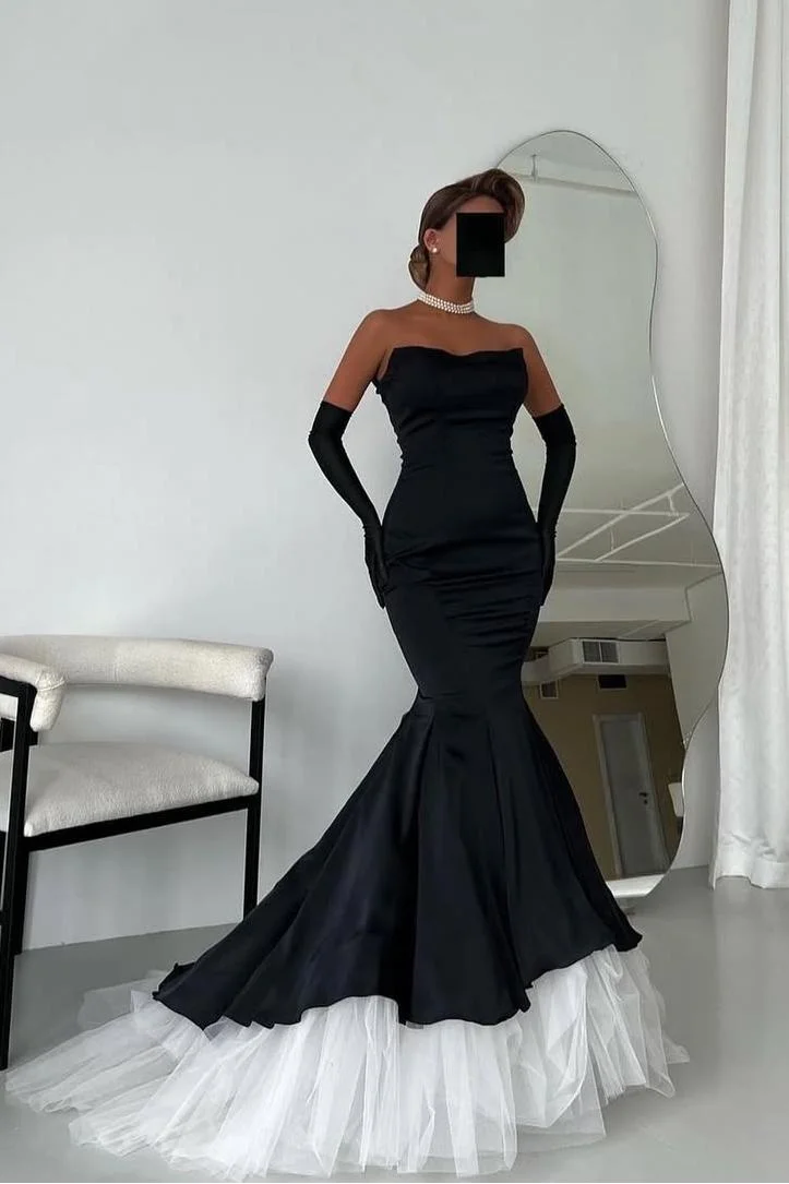 Miabel Luxurious Black Satin Sleeveless Strapless Mermaid Prom Dress with Gloves 