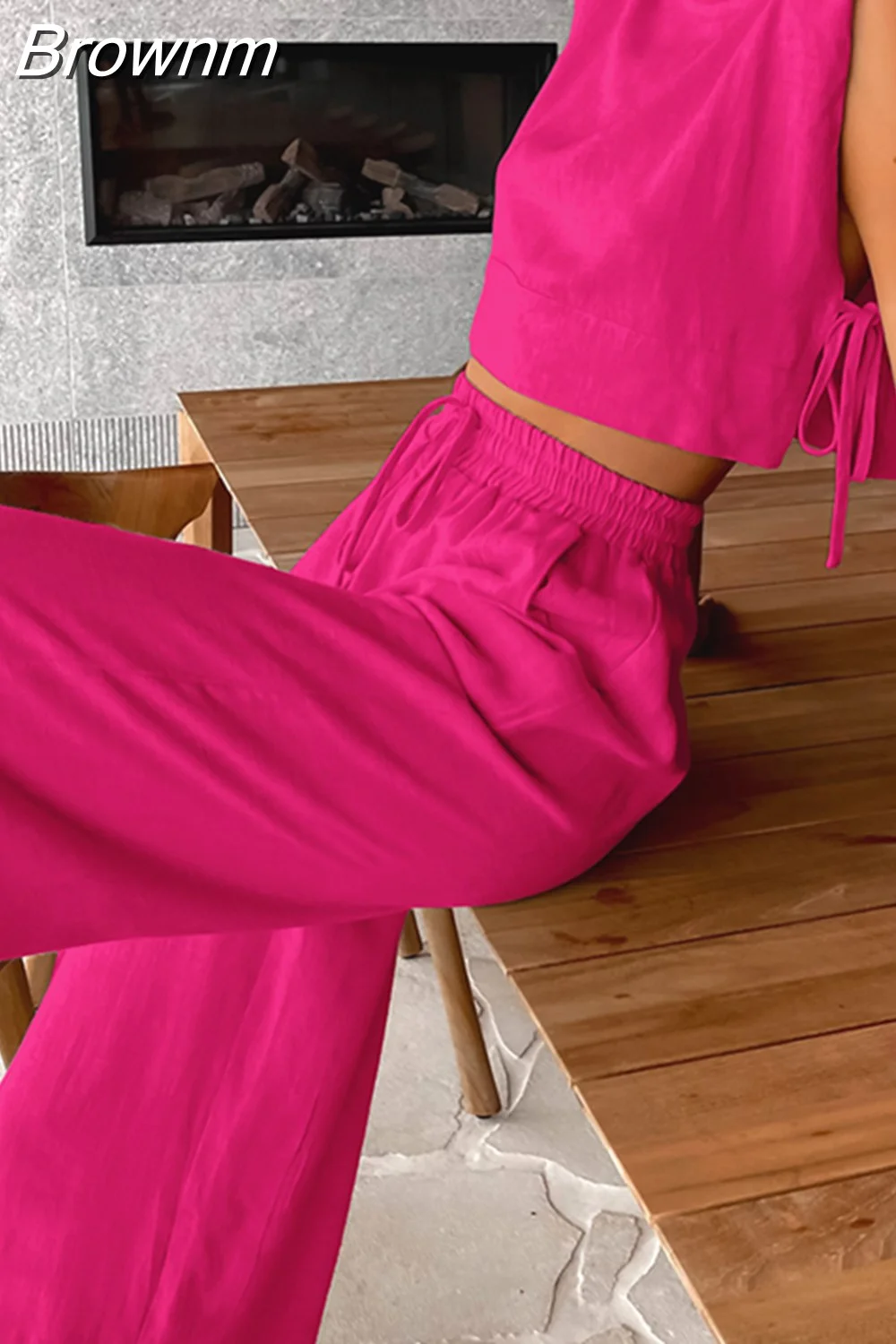 Brownm Summer Khaki Cotton Linen Pants Sets Women Two Pieces Fashion Lace-Up Crop Tops Vacation Wide Legs Long Pants Suits