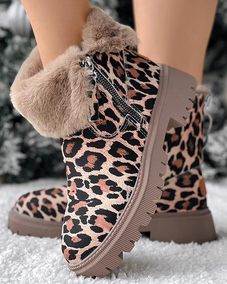 Leopard Platform Fuzzy Detail Lined Snow Boots socialshop