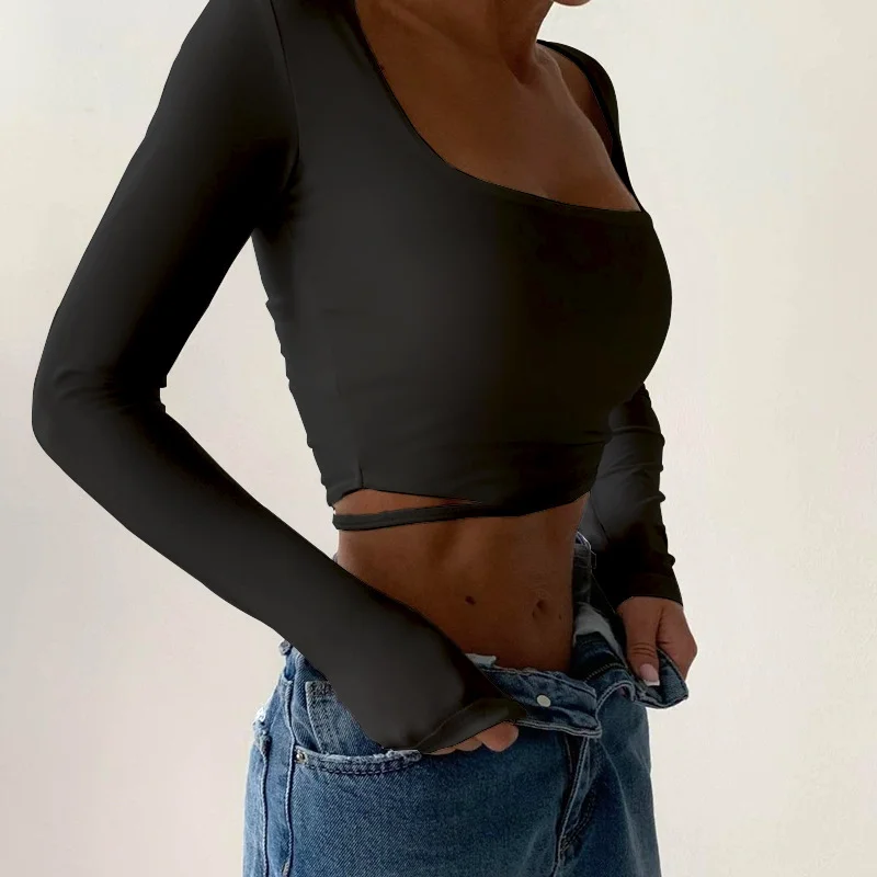 Uveng Uveng Summer New Trend Sexy Sweet And Hot Wind French Square Collar Navel Design Sense Long-Sleeved Top Female