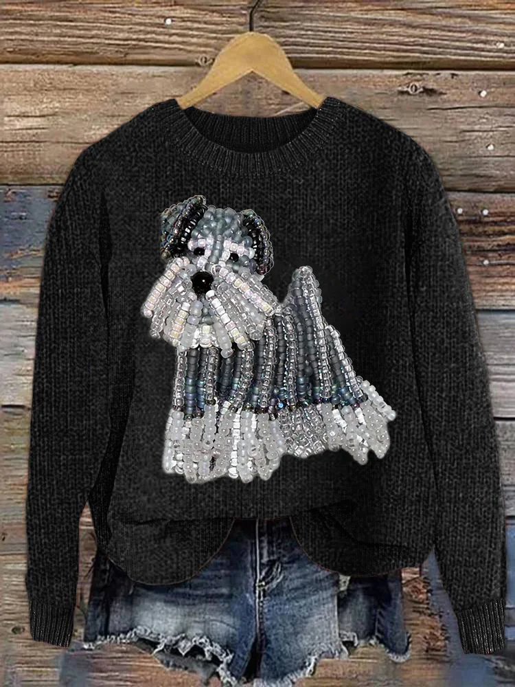 VChics Miniature Schnauzer Beaded Embroidery Cozy Knit Sweater