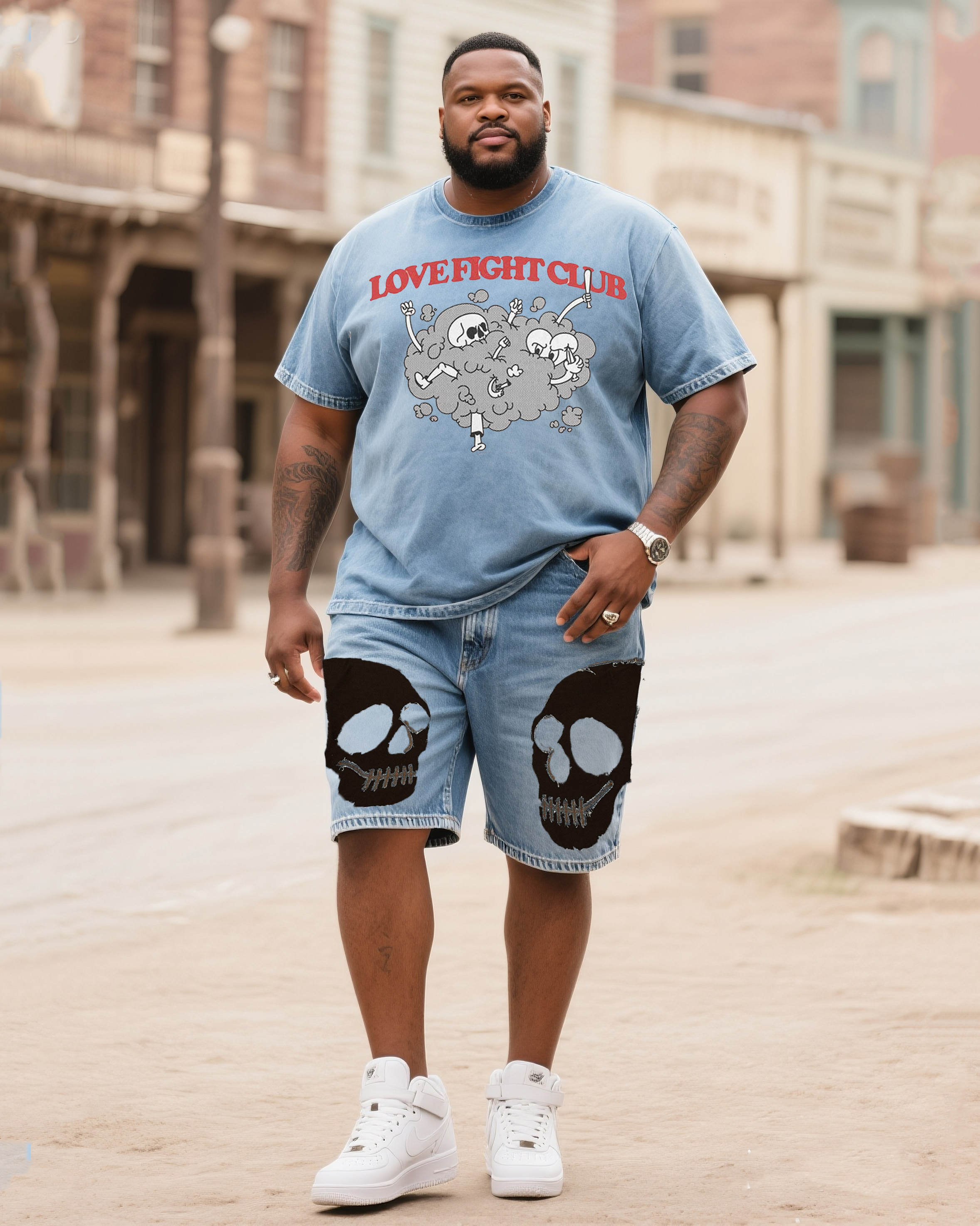 Big Shit Fashion Street Skull Battle Print Short Sleeve Shorts Denim Suit