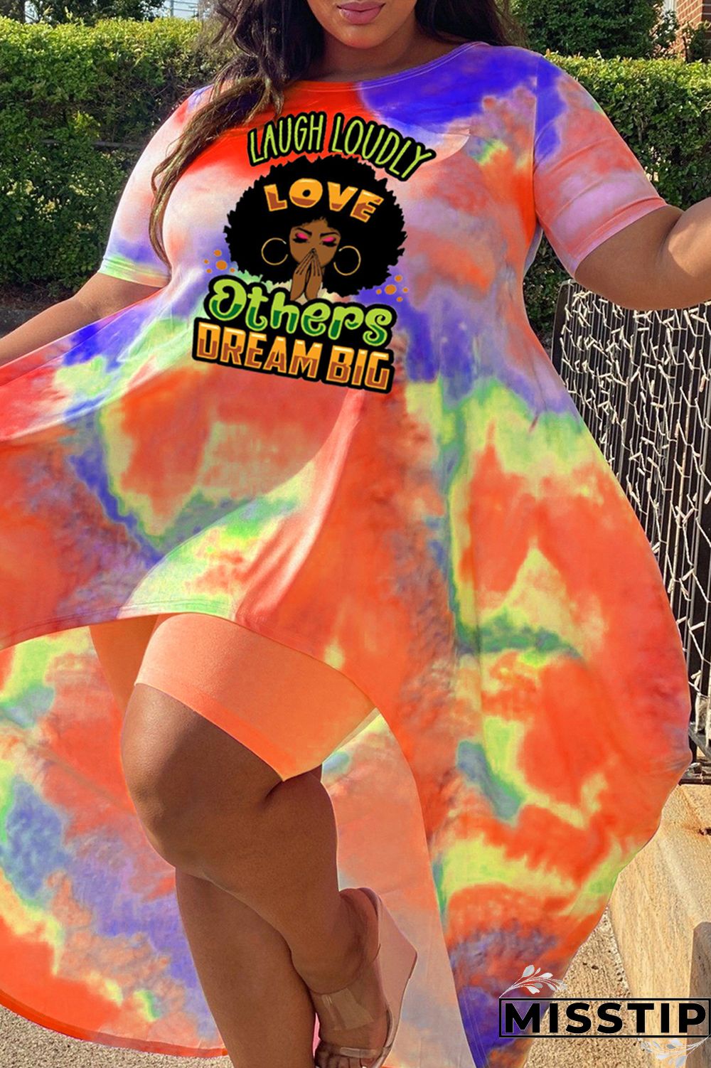 Pink Black Fashion Casual Print Tie-dye O Neck Plus Size Two Pieces