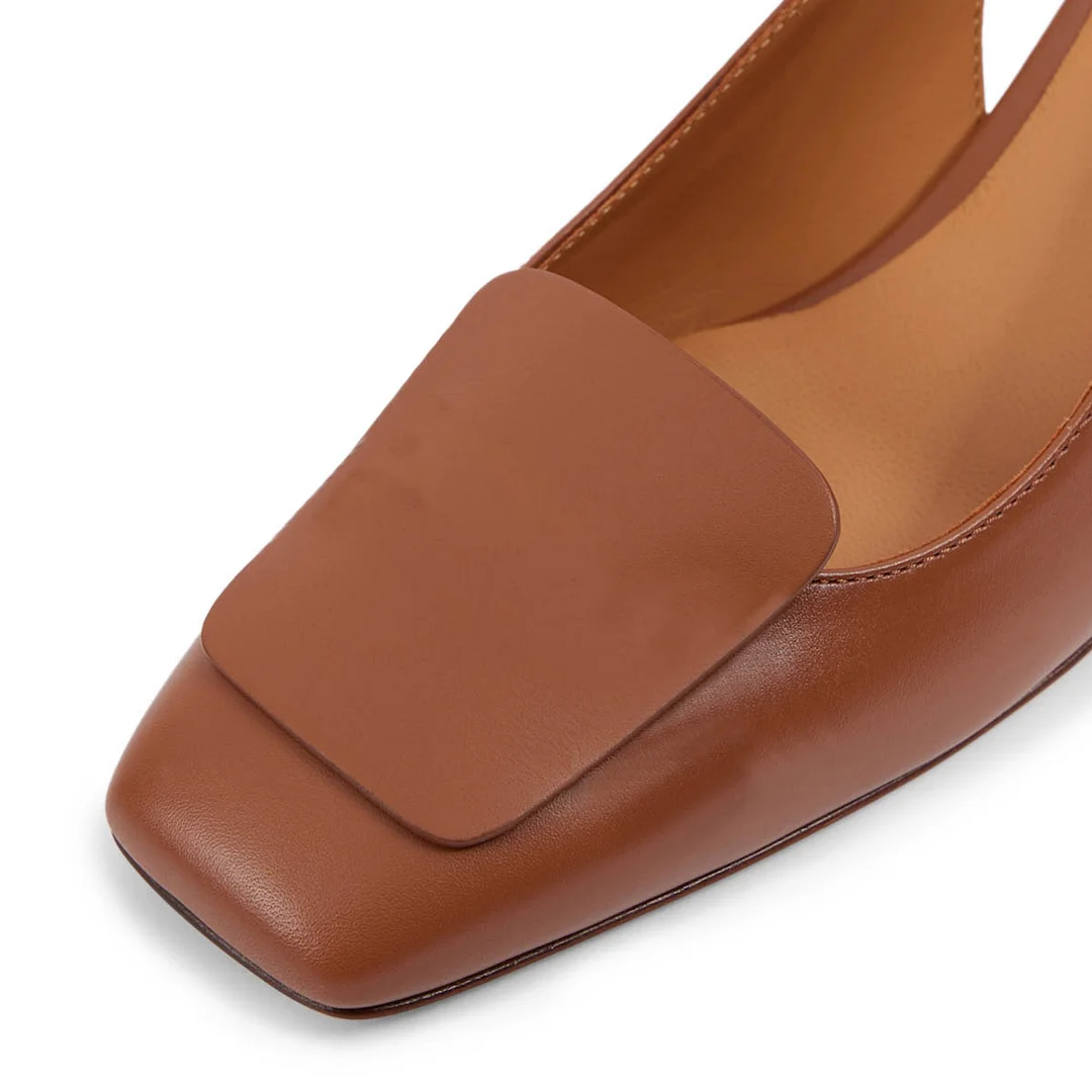 YDN Brown Vegan Leather Square Toe Chunky Heel Slingback Pumps