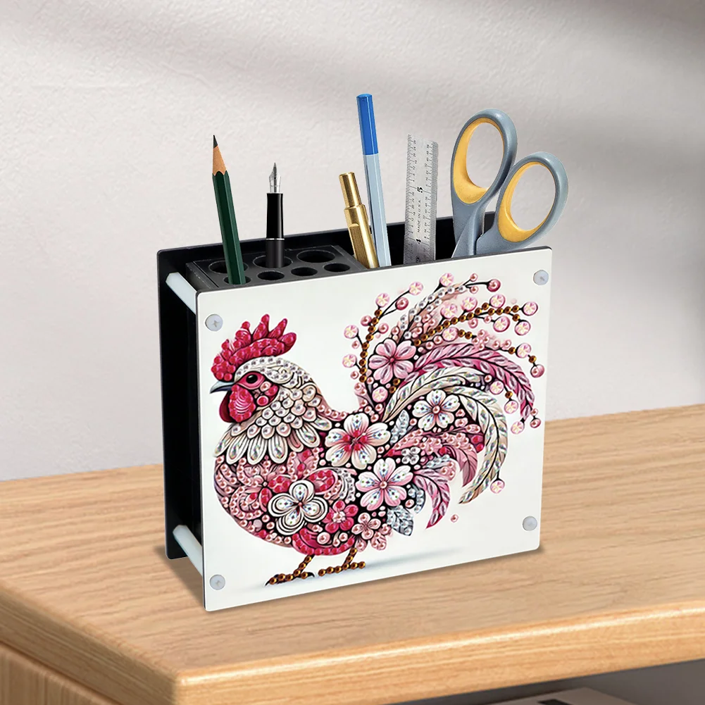 DIY Rooster Special Shaped Diamond Painting Acrylic Pencil Holder Organizer