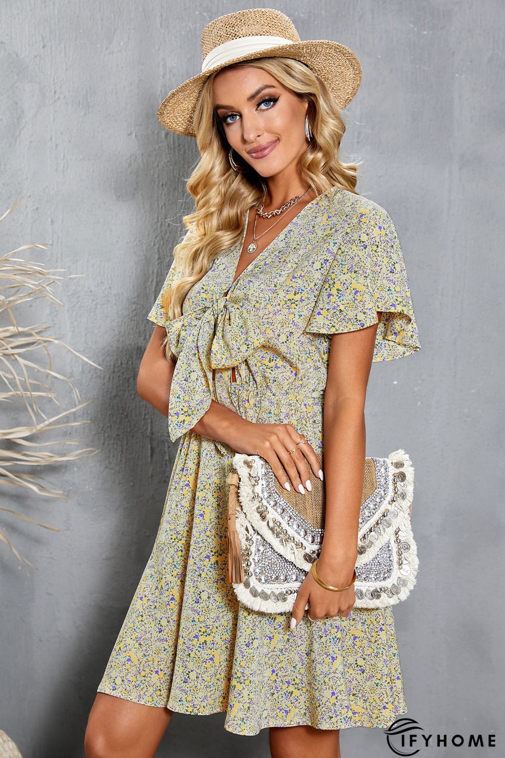 Floral Print Tie Knot Ruffled Short Sleeve Mini Dress | IFYHOME