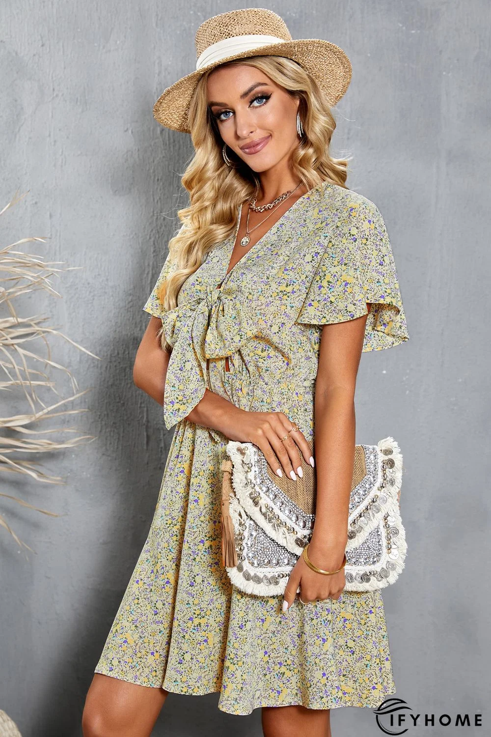 Floral Print Tie Knot Ruffled Short Sleeve Mini Dress | IFYHOME