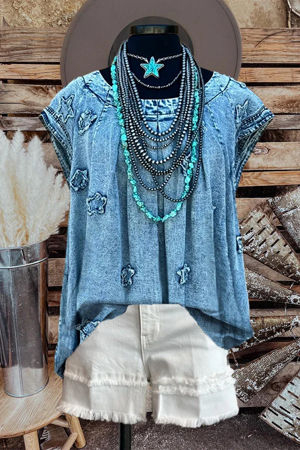Star Patchwork Casual Denim Washed Top