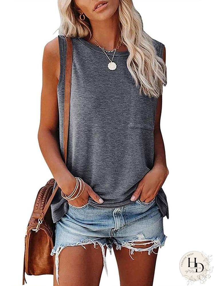 Crew Neck Sleeveless T-Shirt With Side Slits