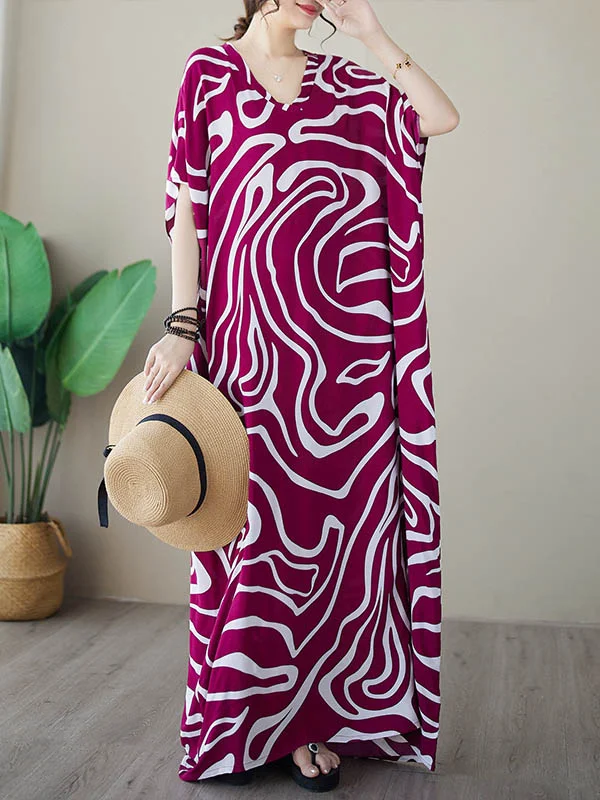 Batwing Sleeves Roomy Contrast Color Striped V-Neck Maxi Dresses
