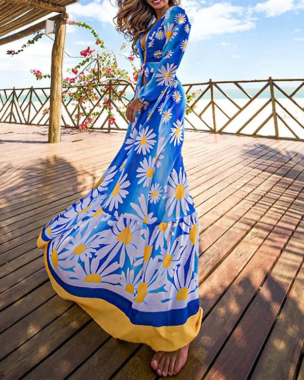 Printed Beach Resort Boho Deep V Long Sleeve Dress