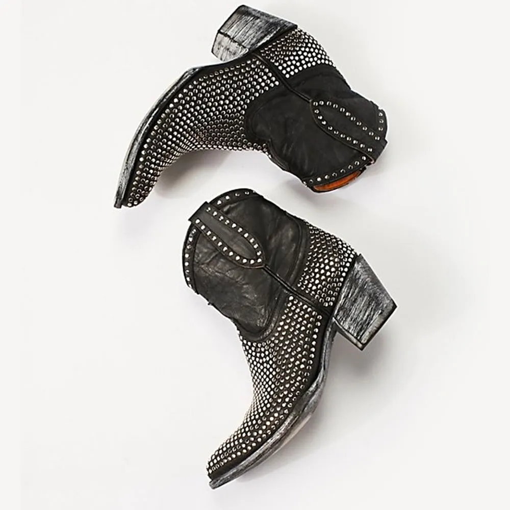Black Pointed Toe Chunky Heel Side Zipper Studded Cowgirl Boots