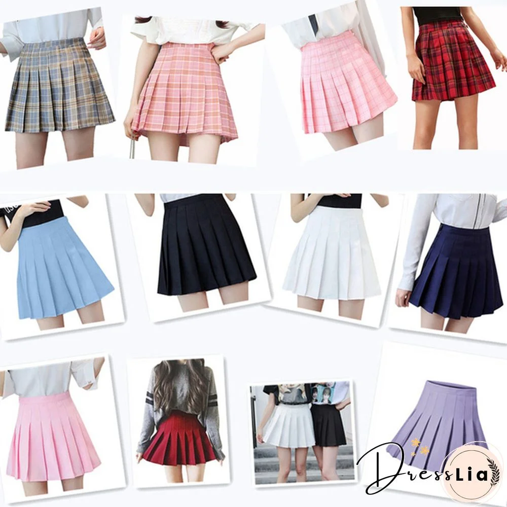 Women Girls High Waisted Plain Pleated Skirt Skater Tennis School Uniforms A-Line Mini Skirt Lining Shorts