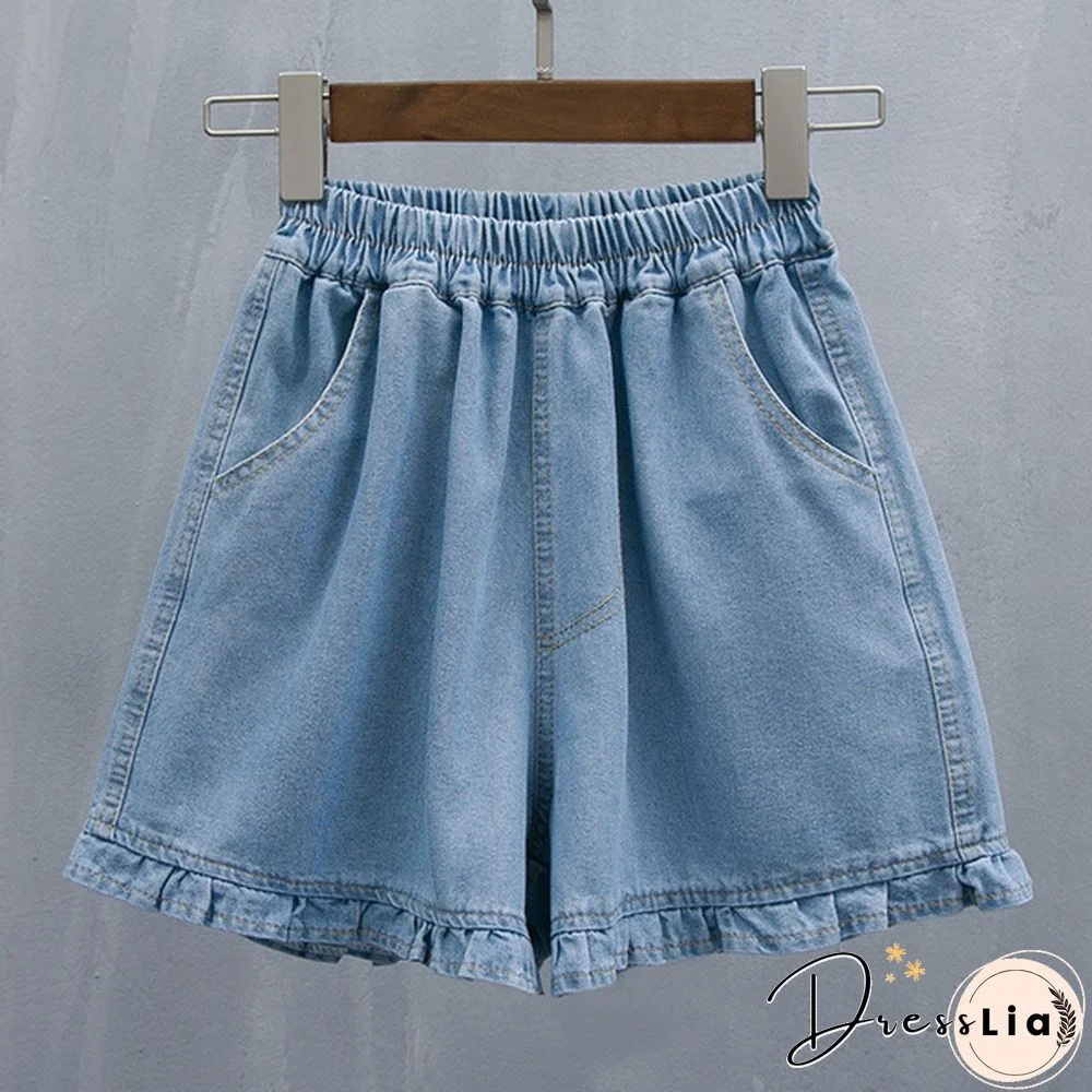 Women Denim Shorts Pants Mini Loose Causal Ruffle Elastic Waist Summer Plus Size