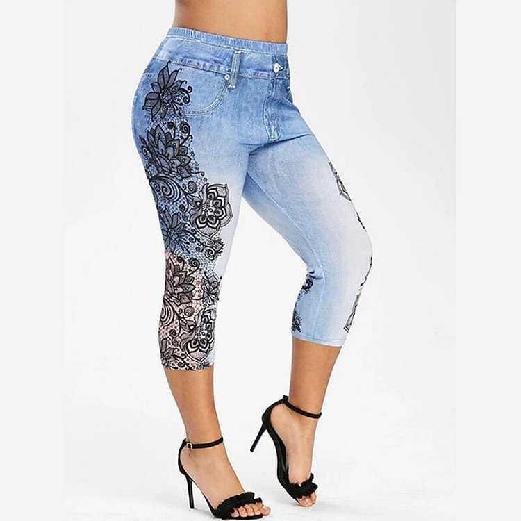 Women's Floral Print Faux Denim Capri Leggings