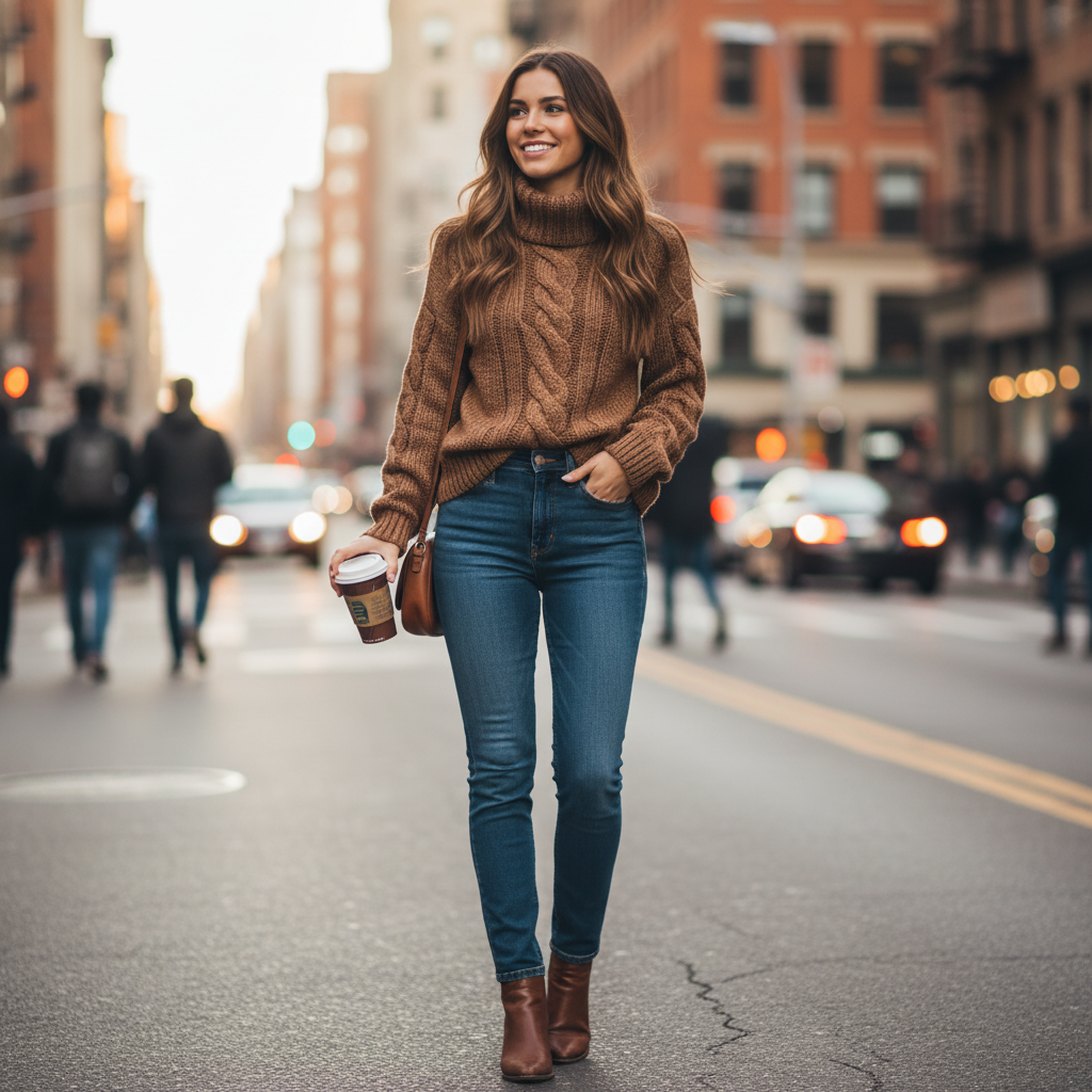 "Women's Camel Turtleneck Cable Knit Sweater - Chunky Warm Pullover For Autumn Winter