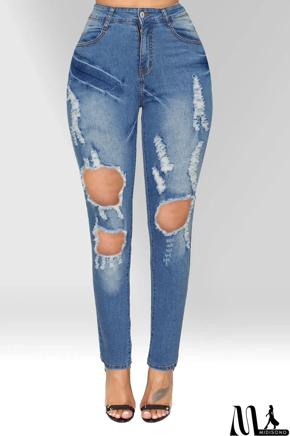 MidiSono - Light Blue Denim Distressed Skinny Jeans