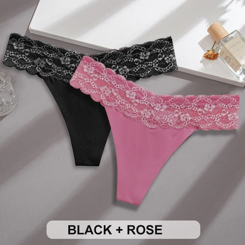 2PCS/Set Lace Panties Sexy Underwear Thong Women Panties G-String Panties Briefs Lingerie Floral V Waist Design Female Underpant