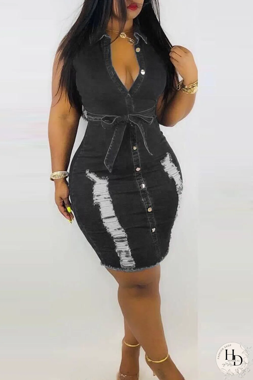 Baby Blue Sexy Sleeveless Grinding Hole Cowboy Dress