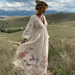 Women's Retro Bohemian Style Floral And Butterfly Comfortable V-neck Dress - Image 2
