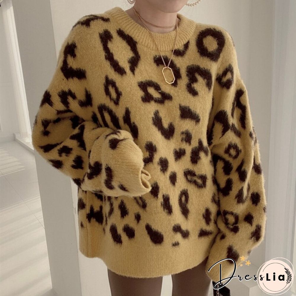 Streetwear Women Vintage Leopard Sweaters Pullovers Autumn Winter Fashion Harajuku Loose O-Neck Lazy Wind Korean Y2k Tops
