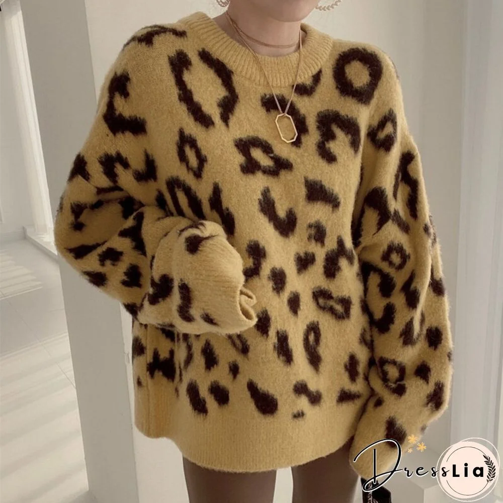 Streetwear Women Vintage Leopard Sweaters Pullovers Autumn Winter Fashion Harajuku Loose O-Neck Lazy Wind Korean Y2k Tops