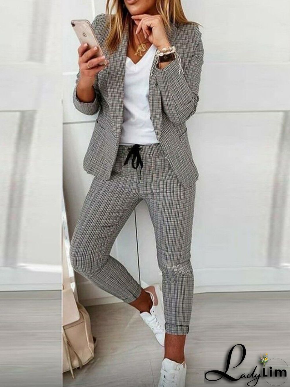 Casual Colorblock Allover Pattern Blazer & Pants 2 Pcs Set