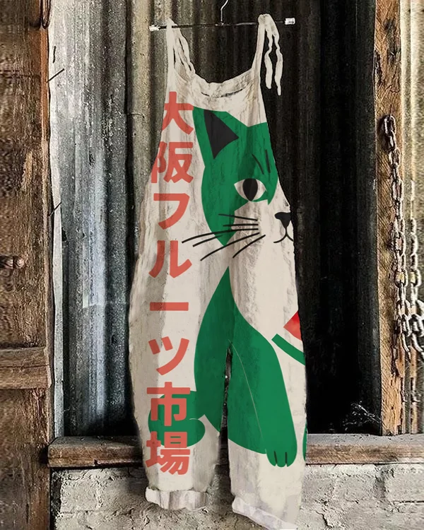 Japanese Art Cute Green Cat Print Casual Jumpsuit