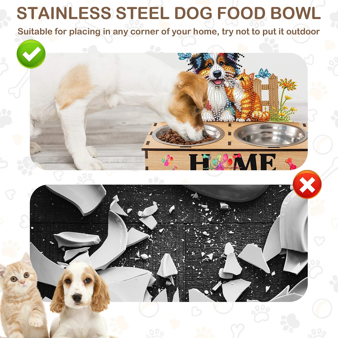 Diamond Painting Food Bowl with Wood Stand Diamond Art Dog Bowl for Small Dogs