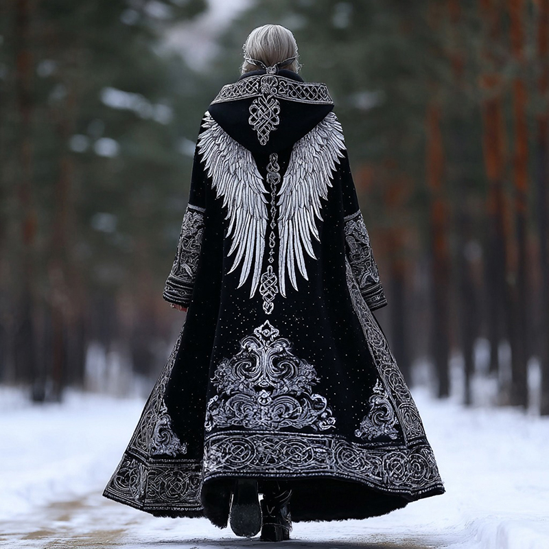 Women's Viking Celtic Wing Art Knit Cozy Maxi Hooded Cardigan elevenforest