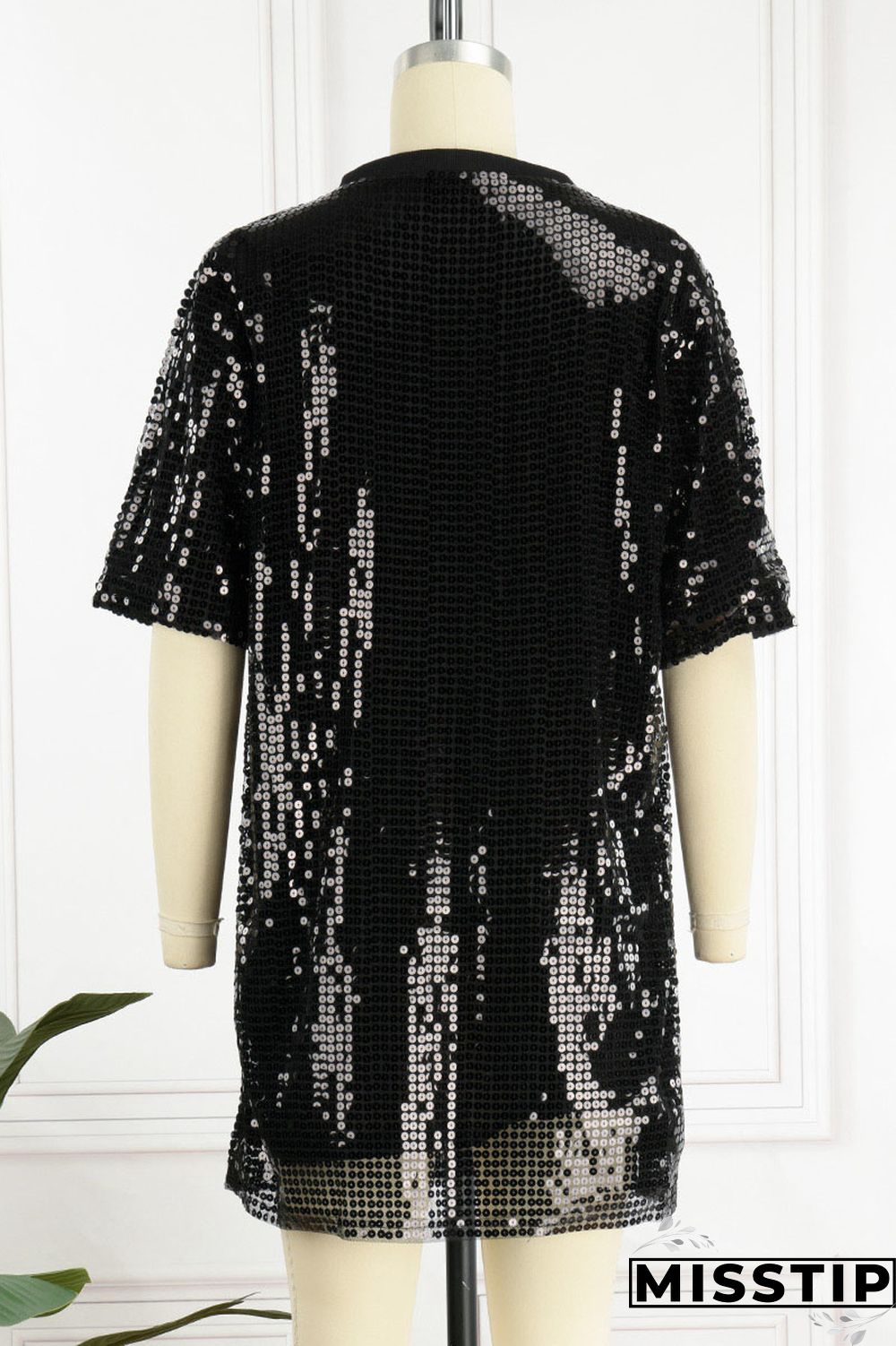 Black Street Solid Sequins Patchwork O Neck T-shirt Dress Dresses