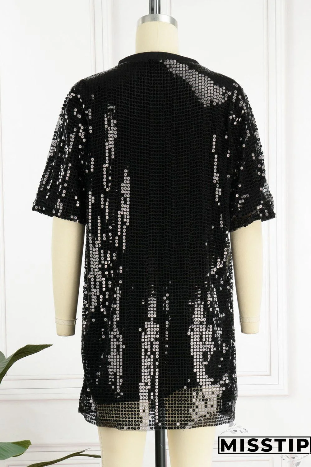 Black Street Solid Sequins Patchwork O Neck T-shirt Dress Dresses