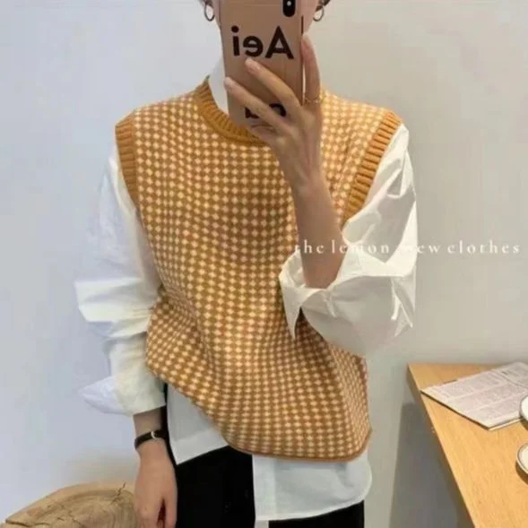 Uveng Uveng And Autumn 2024 New Chiffon Sleeve Temperament Splicing Knitted Sweater Loose Sexy Lanky Sleeve Top Woman