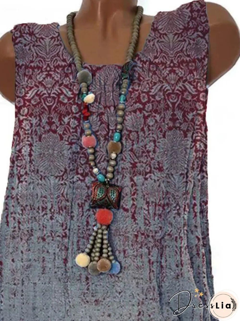 Paisley Sleeveless Printed Polyester Crew Neck Vintage Summer Red Top