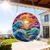 (18.5cm)DIY Acrylic Jigsaw Puzzle Window Hanging with Hanging Chain DIY Stained Glass Decoration Round Window Puzzle Decor for DIY Craft Project (Stained Glass Sea Wave)