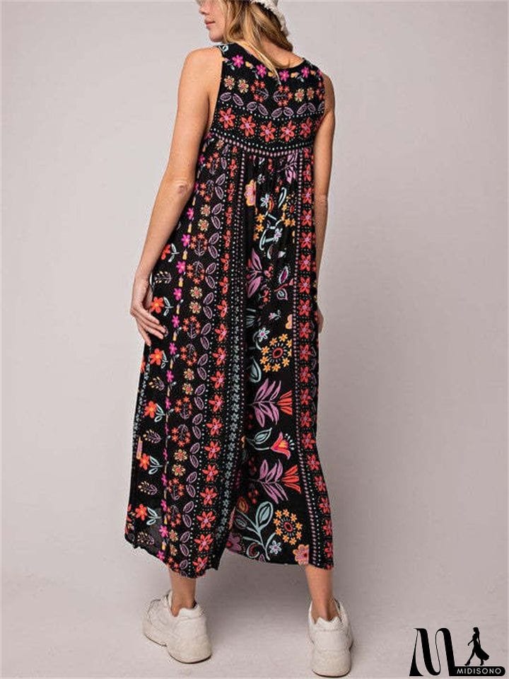 MidiSono - Women's Sleeveless Oversize Vintage Print Wide Leg Jumpsuit