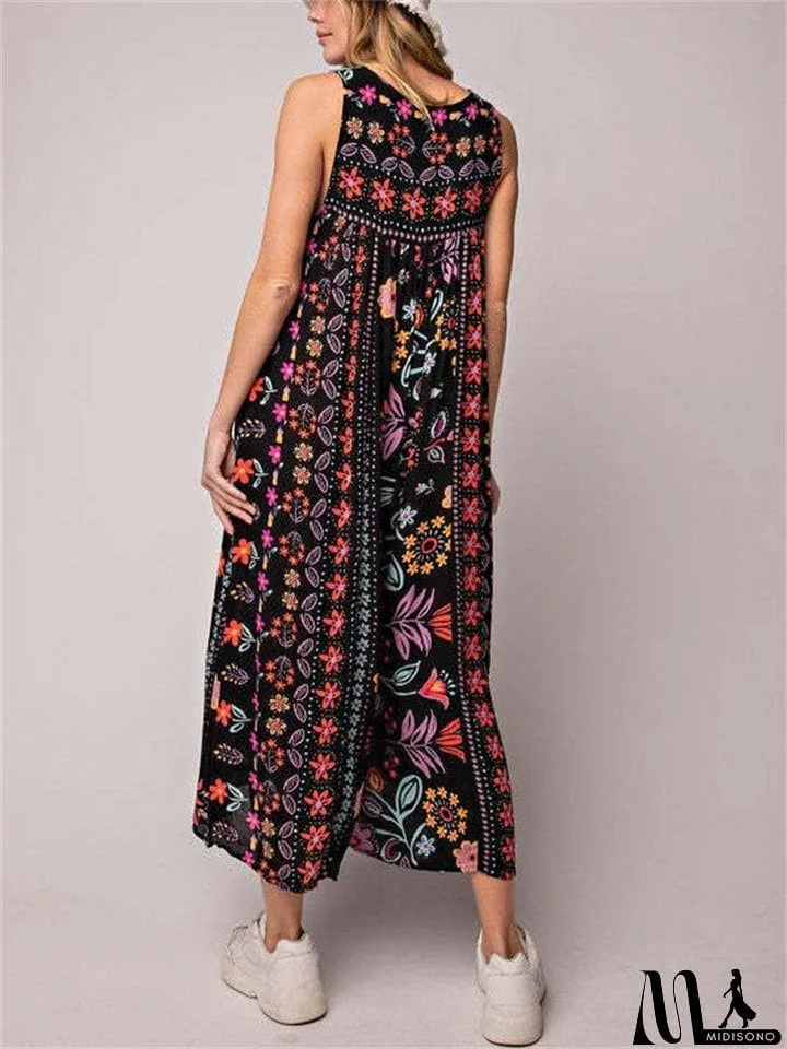 MidiSono - Women's Sleeveless Oversize Vintage Print Wide Leg Jumpsuit