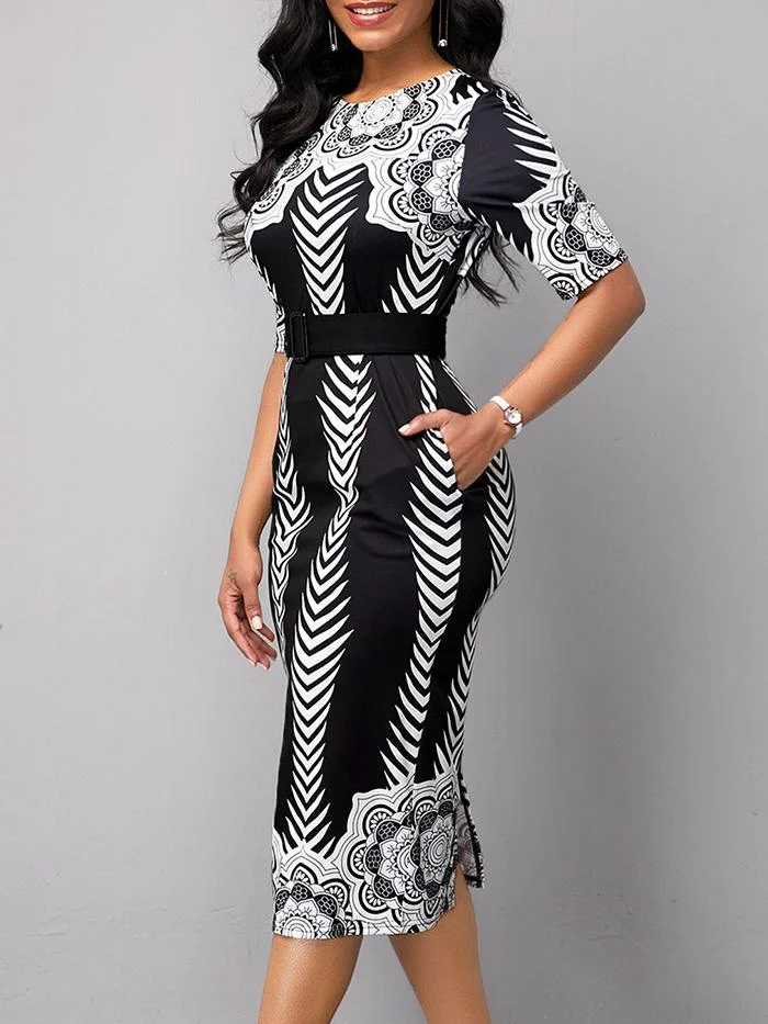 Round Neck Printed Waistband Lace-up Hip One-step Dress